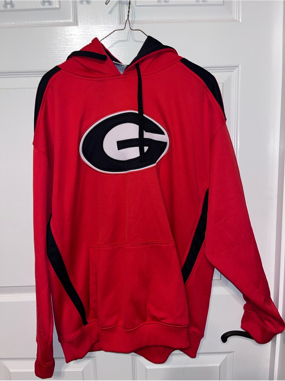 Red Men's Pullover Hoodie with Black Logo Patch